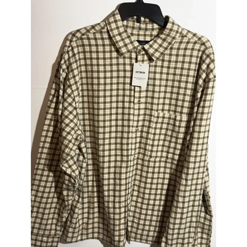 Cotton on Men's Tribeca Oversized Long Sleeve Shirt Stone Mini Check L - Picture 5 of 16